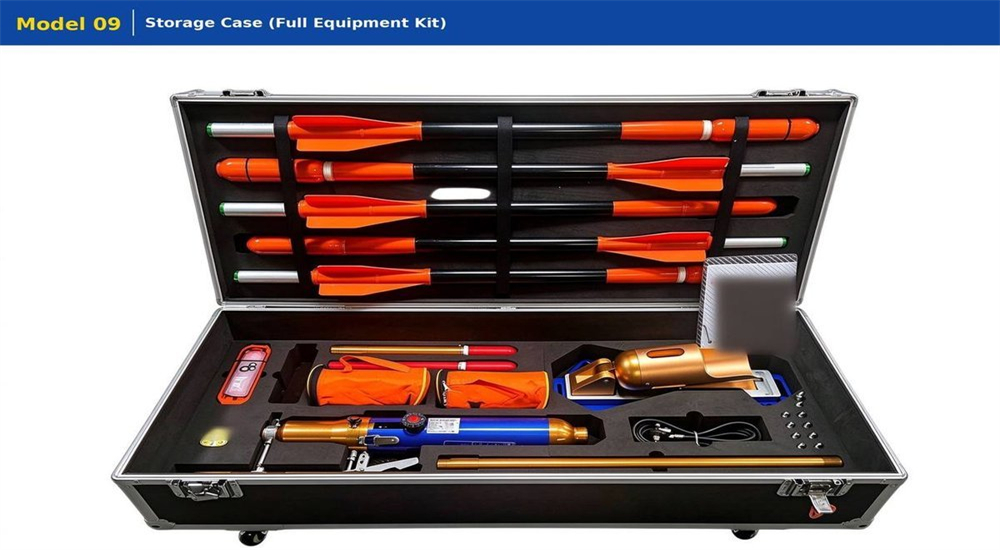 Professional product photo of Ultra Long-Range Rescue Thrower pneumatic line thrower, clean white background studio shot showing complete rescue kit with launcher, projectiles and accessories, professional water rescue equipment