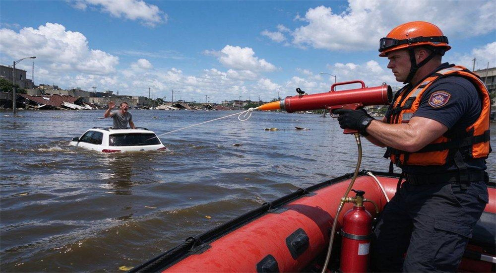 Professional Ultra Long-Range Rescue Thrower pneumatic line thrower in real water rescue application scenario, rescuer deploying device to drowning victim during severe urban flood disaster, deep water rescue operation with long-distance rope delivery