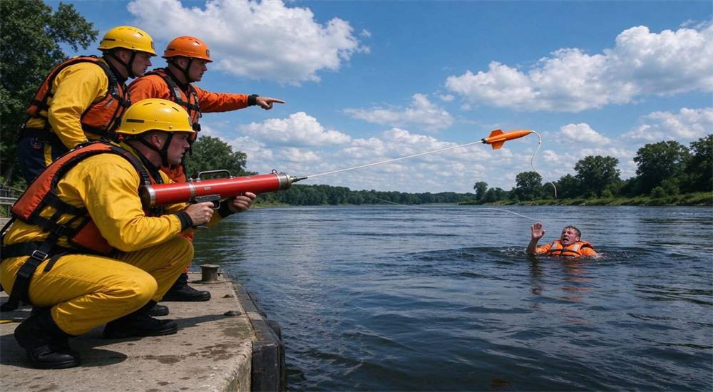Professional Ultra Long-Range Rescue Thrower pneumatic line thrower in real water rescue application scenario, rescue team training drill practicing pneumatic line thrower deployment, three-person crew coordinating rope rescue procedure Professional Ultra Long-Range Rescue Thrower pneumatic line thrower in real water rescue application scenario, rescue team training drill practicing pneumatic line thrower deployment, three-person crew coordinating rope rescue procedure