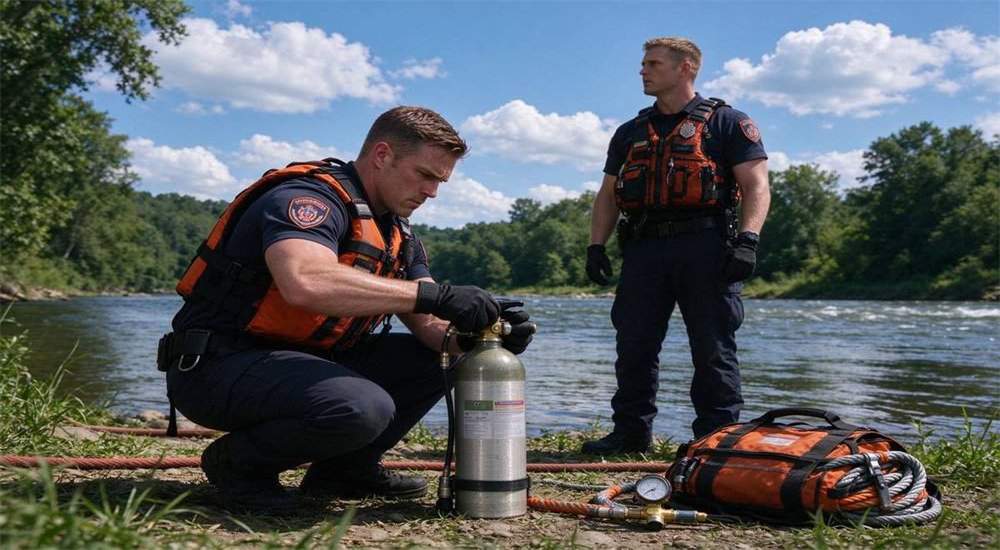 Informational diagram of Ultra Long-Range Rescue Thrower pneumatic line thrower, professional maintenance service for pneumatic line thrower in workshop, technician servicing water rescue equipment to ensure reliable emergency performance