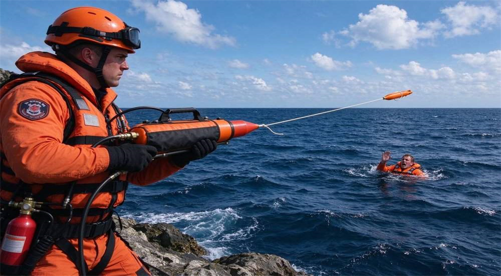Professional Ultra Long-Range Rescue Thrower pneumatic line thrower in real water rescue application scenario, swiftwater river rescue team using pneumatic thrower to deliver safety rope across fast current, professional water rescue equipment