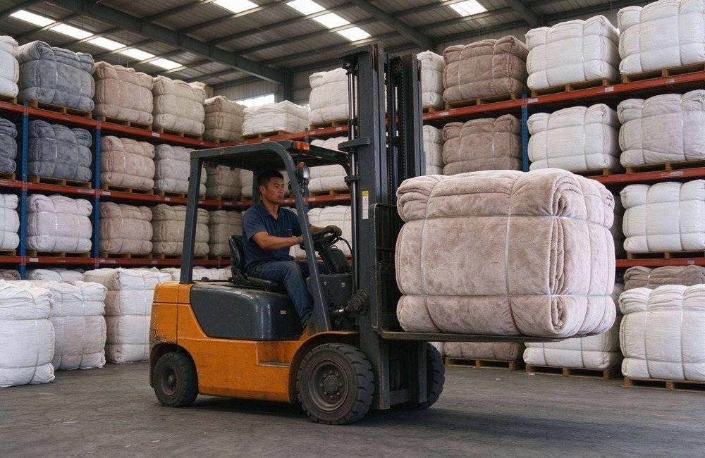 Bright relief warehouse with compressed blanket bales stacked on wooden pallets, showing bulk relief procurement warehousing and stock planning for African relief programs