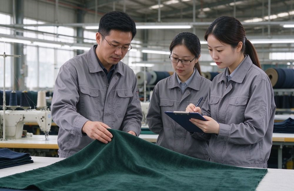 Asian inspector checking blanket edge stitching and seam density at a bright factory table, showing relief supply sample approval workflow