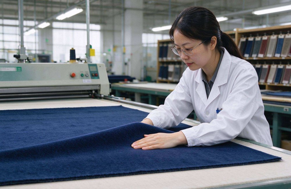 Asian quality inspector in a bright factory sample room holding a folded blue flannel blanket sample beside an export carton and packing list, verifying sample approval packing for bulk relief procurement