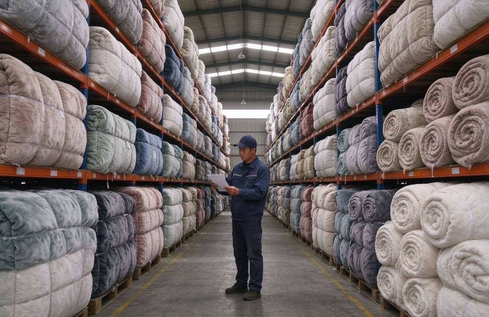 Bright pre-positioned relief stock warehouse with cartons and bales organised by category, showing emergency supplies lead time Africa planning and stock rotation