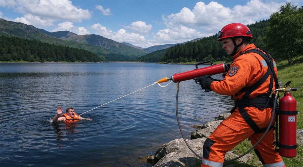 Professional Water Rescue Rope Thrower pneumatic line thrower in real water rescue application scenario, professional rescue team deploying pneumatic line thrower to deliver safety rope to victim in water, emergency lifesaving equipment Professional Water Rescue Rope Thrower pneumatic line thrower in real water rescue application scenario, professional rescue team deploying pneumatic line thrower to deliver safety rope to victim in water, emergency lifesaving equipment
