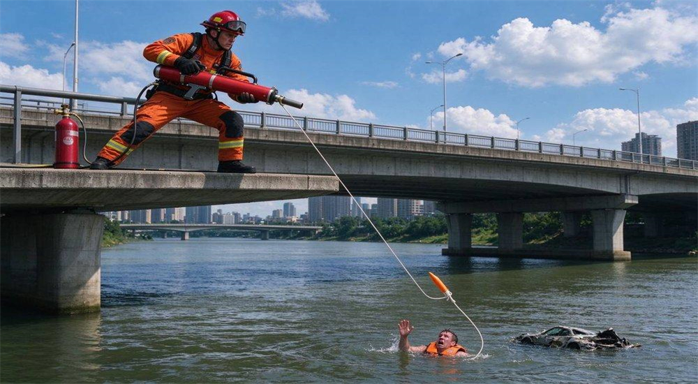 Professional Water Rescue Rope Thrower pneumatic line thrower in real water rescue application scenario, rescuer deploying device to drowning victim during severe urban flood disaster, deep water rescue operation with long-distance rope delivery Professional Water Rescue Rope Thrower pneumatic line thrower in real water rescue application scenario, rescuer deploying device to drowning victim during severe urban flood disaster, deep water rescue operation with long-distance rope delivery