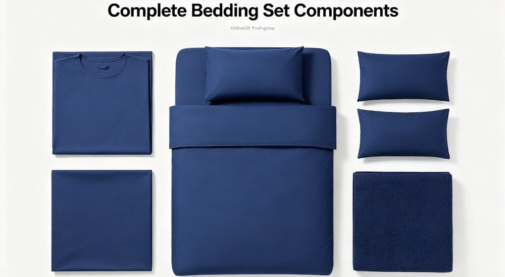 Top-down view of complete institutional bulk bedding set laid flat on white background showing a white sheet duvet cover and pillowcase with folded accessories, wholesale cotton-poly linen family pack for dormitory hospital and relief bulk orders