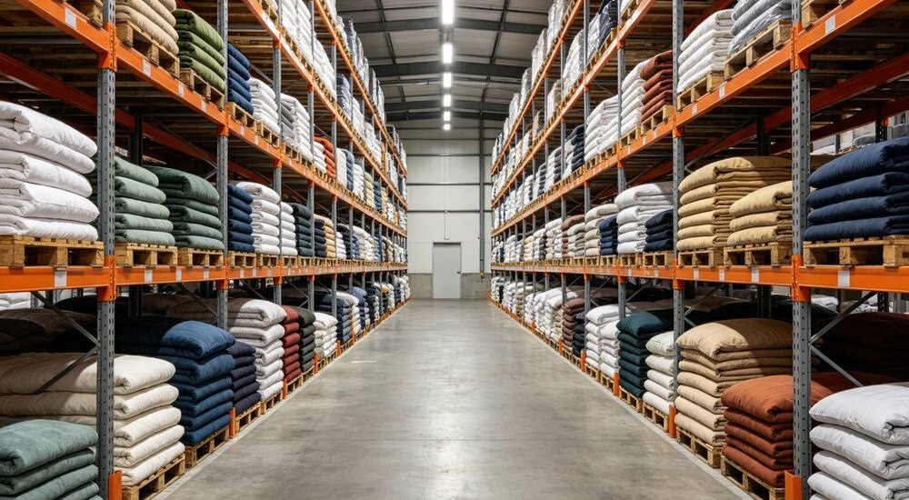 Side view of warehouse showing stacks of multicolor institutional bulk bedding stock neatly stored on export shelves, folded sheet duvet cover sets in blue white and grey ready for wholesale container packing and loading