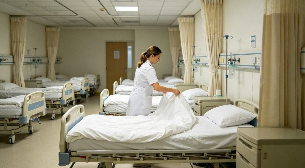 Wide-angle view of clean hospital ward scene with white institutional bulk bedding neatly made on rows of beds, fresh cotton sheet and duvet cover sets in a bright room for wholesale healthcare linen supply and hotel use