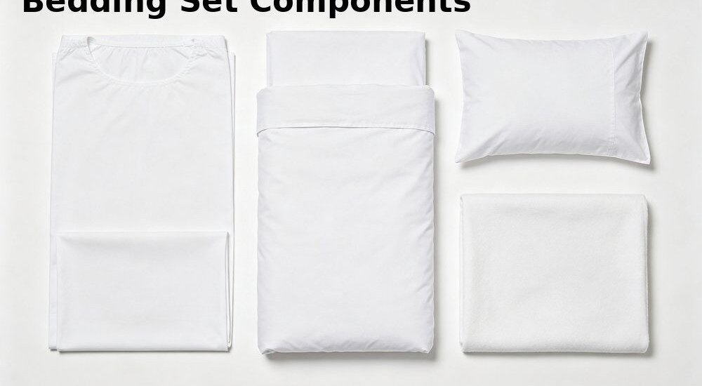 Top-down side-by-side comparison of five institutional bulk bedding sets laid flat on a white background showing different fabric weights colours and folded set composition for wholesale buyers choosing between lines
