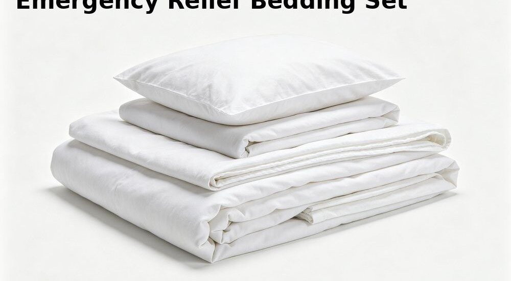Front view of emergency relief institutional bulk bedding product in blue showing a folded sheet duvet cover and pillowcase set stacked for wholesale humanitarian supply with an export carton beside it in soft daylight