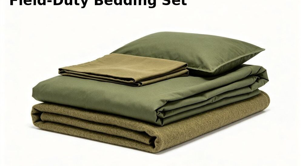 Front view of field duty olive green institutional bulk bedding product showing a folded cotton twill sheet duvet cover and pillowcase set for wholesale barracks and dormitory supply in natural daylight Ideal for wholesale barracks and dormitory linen orders across