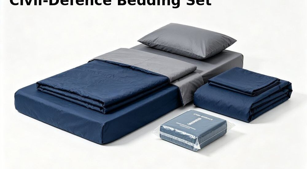 Front view of navy civil defence reserve institutional bulk bedding product showing a vacuum packed folded sheet duvet cover and pillowcase set for wholesale government stockpile supply with a sealed plastic wrap Ideal for wholesale government reserve and evacuation stockpile