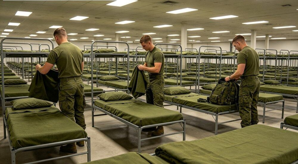 Wide-angle view of military barracks scene with green institutional bulk bedding on metal cots in neat rows, olive cotton twill sheet and duvet cover sets for wholesale barracks standard issue supply in a dormitory hall