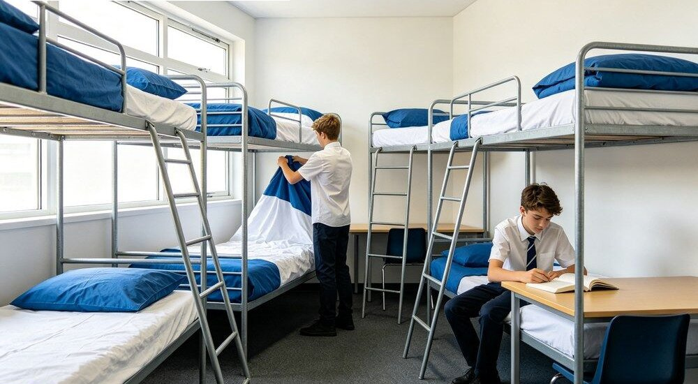 Interior view of school dormitory scene with gingham institutional bulk bedding on neatly made bunk beds, cotton sheet and duvet cover sets for wholesale student accommodation supply in a bright room Ideal for wholesale student accommodation and school dormitory linen