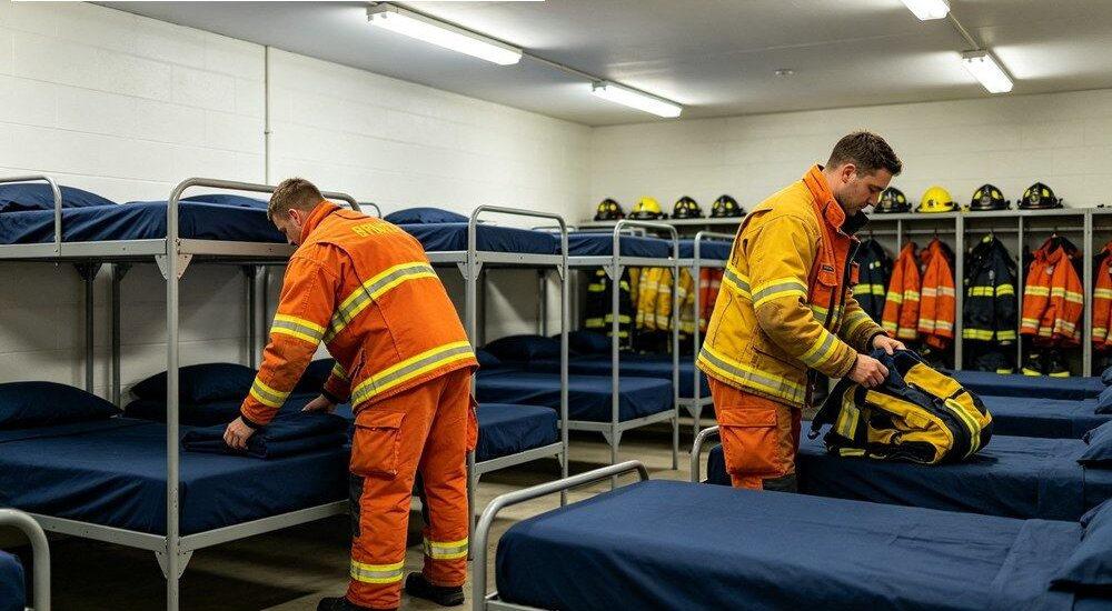 Interior view of fire station dormitory scene with orange-accented institutional bulk bedding on bunks, rescue-ready sheet and duvet cover sets for wholesale firefighter camp rotation supply in a tidy room Ideal for wholesale firefighter camp and rescue rotation linen orders.