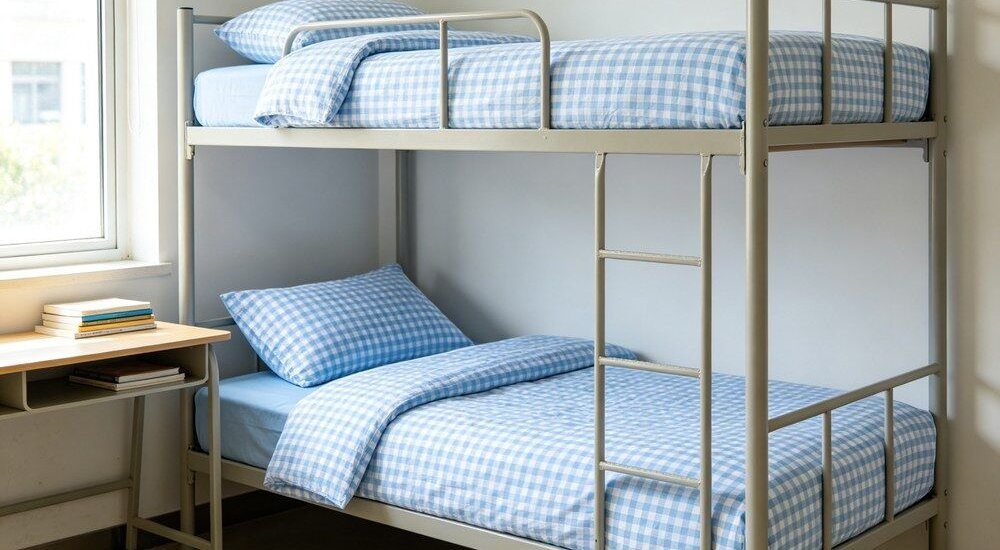 Aerial view of blue gingham bunk bed dormitory scene with made-up institutional bulk bedding, wholesale sheet and duvet cover sets arranged for a 500-bed dormitory reference order in a bright hall Ideal for wholesale dormitory linen orders planned around