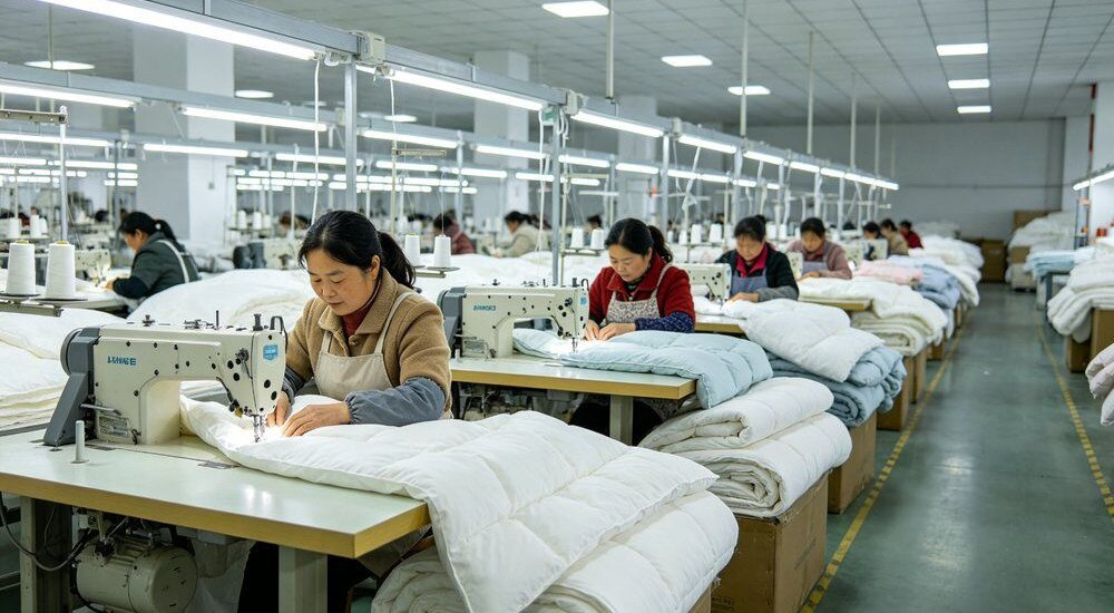 45-degree view of factory production line in China with workers sewing institutional bulk bedding, cutting and packing cotton sheet duvet cover sets for wholesale institutional export in a bright workshop Ideal for wholesale buyers sourcing institutional linen directly from