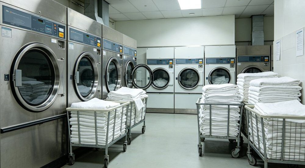 45-degree view of institutional laundry scene with white institutional bulk bedding being washed and tumble dried in commercial machines, wholesale linen care for high-turnover facilities in a bright room Ideal for wholesale buyers running high-turnover commercial laundry operations.