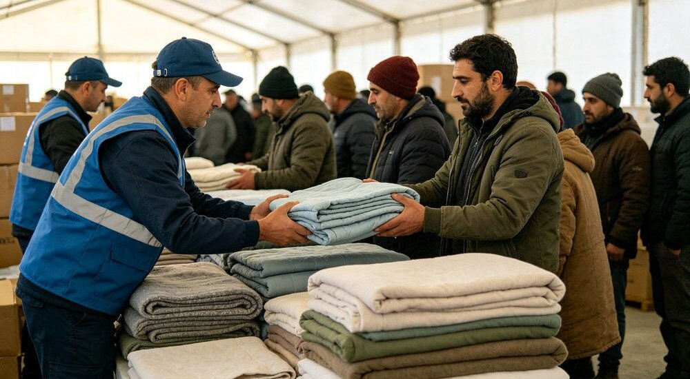 Aerial view of humanitarian aid distribution scene with stacked institutional bulk bedding sets being handed out, wholesale relief linen supply for NGO and government programmes in an open distribution hall Ideal for wholesale NGO and government relief programme linen distribution.
