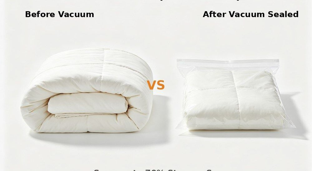 Overhead view of comparison of vacuum compressed versus standard folded institutional bulk bedding on a white background, showing the space saving for wholesale reserve stock packing and container loading Ideal for wholesale reserve stock buyers planning space-saving vacuum packing.