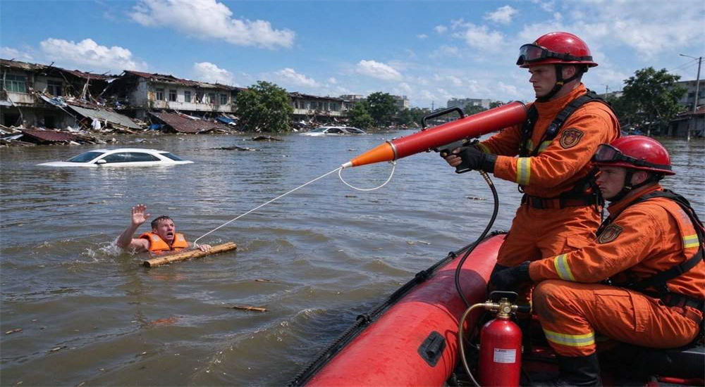 Professional Water Rescue Rope Thrower pneumatic line thrower in real water rescue application scenario, rescuer deploying device to drowning victim during severe urban flood disaster, deep water rescue operation with long-distance rope delivery