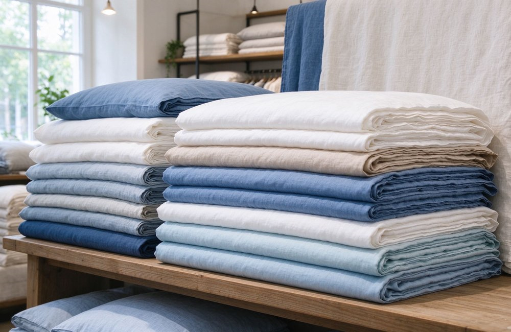 Top-down view of multiple color options of institutional bulk bedding displayed as folded flat lays showing available fabric choices, wholesale sheet duvet cover sets in white blue grey and beige for bulk orders Ideal for wholesale buyers choosing standard institutional