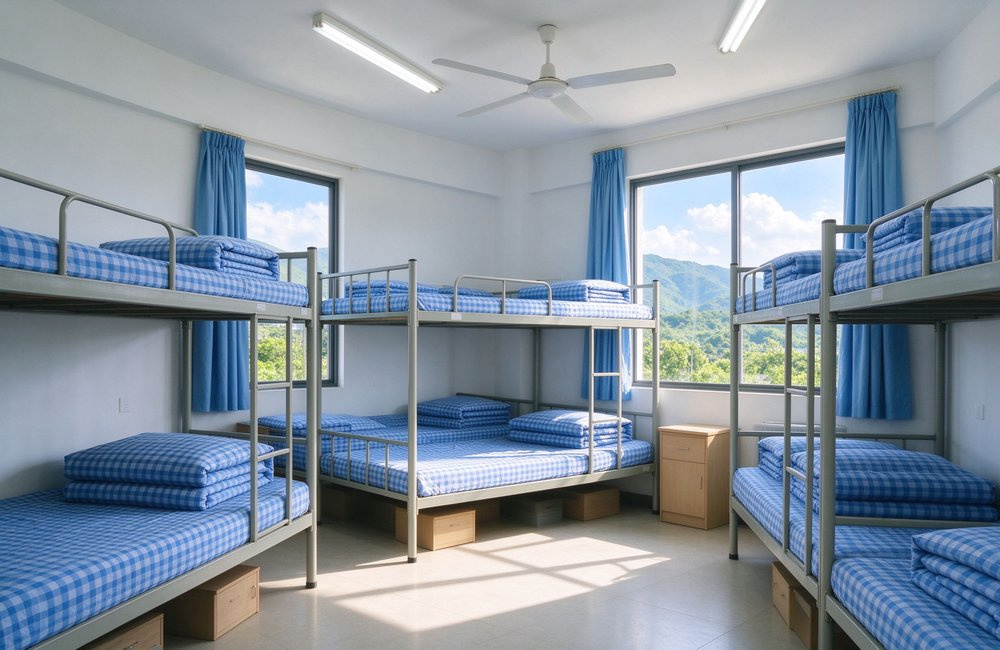 Front view of dormitory lifestyle scene with gingham institutional bulk bedding and pillows on neatly made beds, wholesale student accommodation linen showing a comfortable sleeping environment for bulk dormitory orders Ideal for wholesale student dormitory and school residence linen orders.