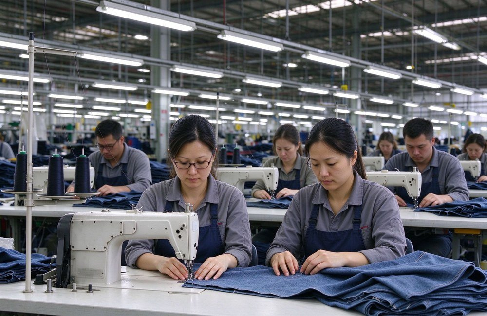 Wide-angle view of factory production line in China with workers sewing institutional bulk bedding, cutting and packing cotton sheet duvet cover sets for wholesale institutional export in a bright workshop Ideal for wholesale buyers sourcing institutional linen from a China
