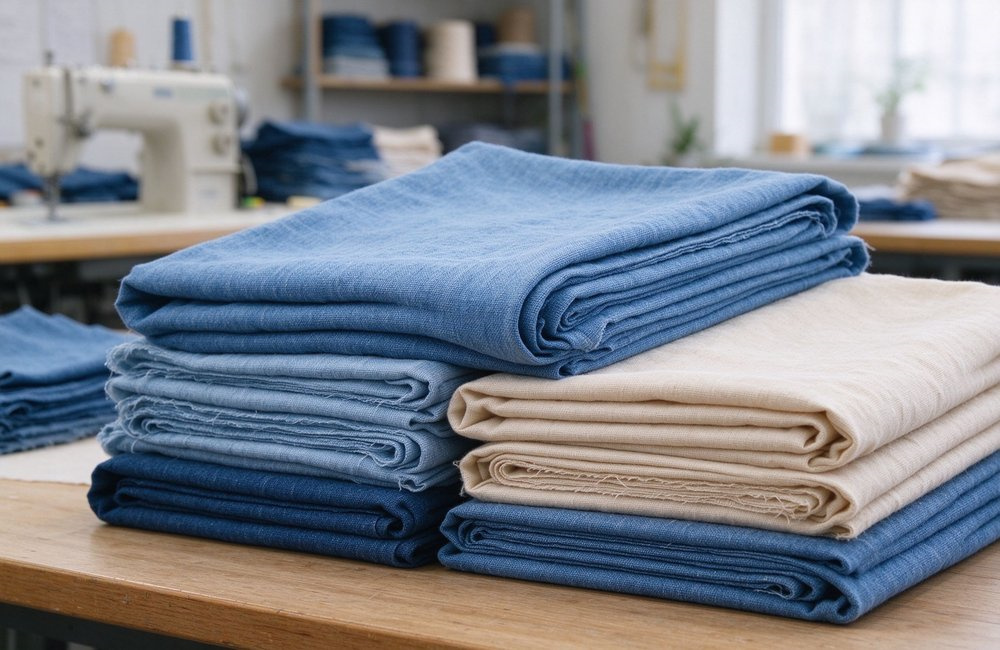Top-down view of folded cotton institutional bulk bedding wholesale samples in three sizes with a measuring tape, bed size reference for ordering