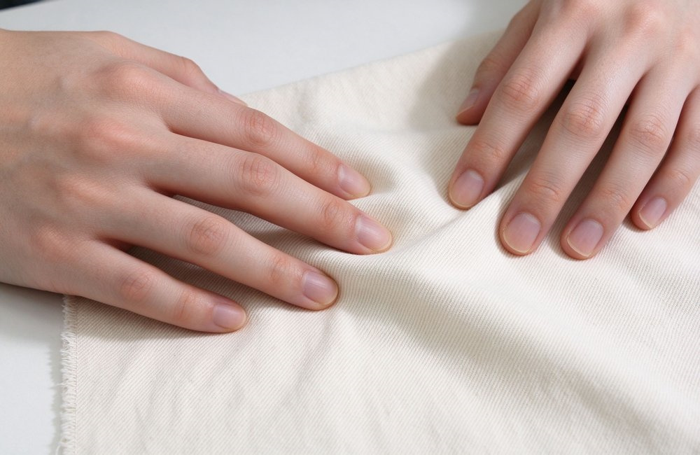 Close-up of hands rubbing two cotton fabric swatches on an inspection desk to test institutional bulk bedding wholesale durability, light versus heavy twill