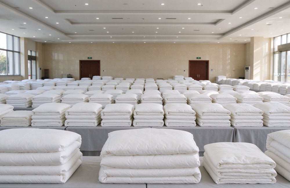 Wide-angle view of a relief distribution hall with stacks of folded institutional bulk bedding wholesale sets on tables, ready for NGO and programme issue