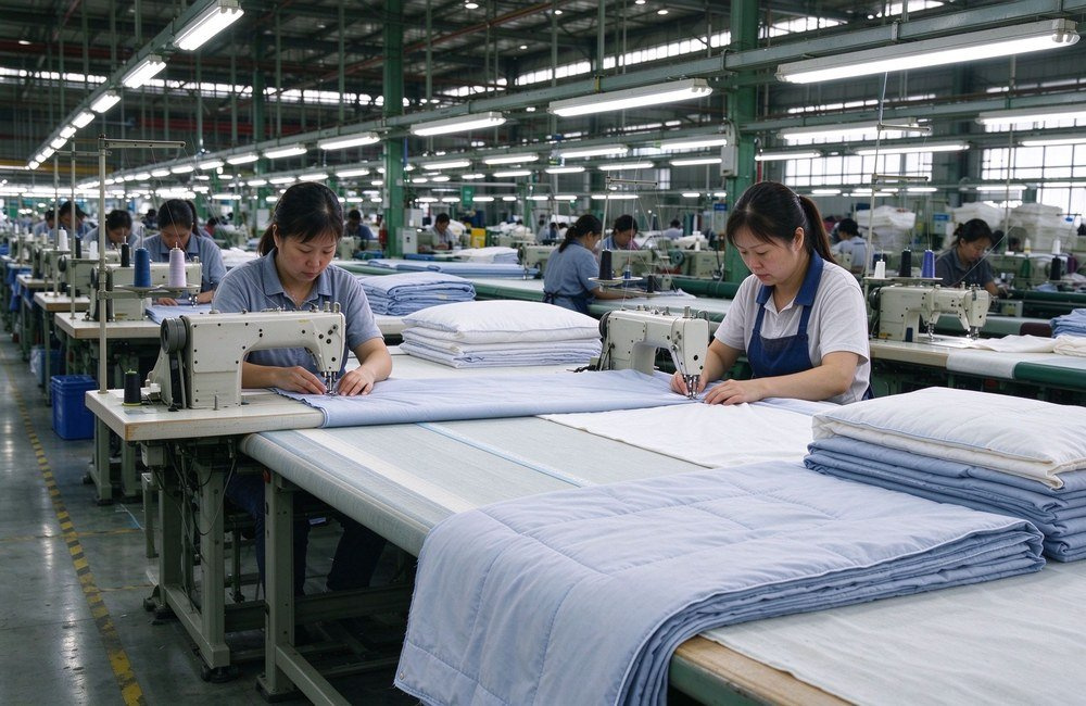 Wide-angle view of a textile factory production line with several workers sewing institutional bulk bedding wholesale at rows of machines