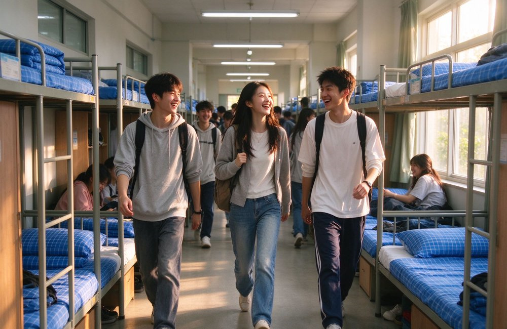 Wide-angle view of a lively dormitory corridor in the morning with multiple students walking between rows of beds dressed in blue gingham institutional bulk bedding wholesale