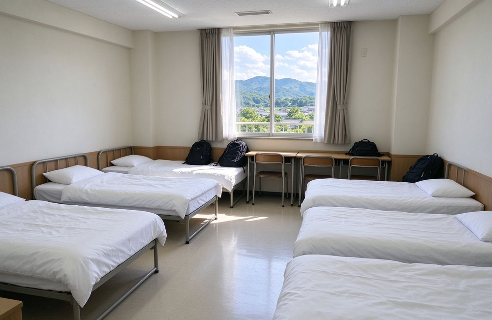 Wide-angle view of a bright dormitory room with multiple beds neatly made in white institutional bulk bedding wholesale, backpacks and desks by the sunny window