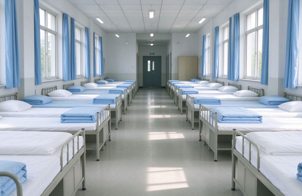 Wide-angle view of a clean dormitory corridor with rows of single beds made up with light-blue institutional bulk bedding wholesale, bright windows on both sides