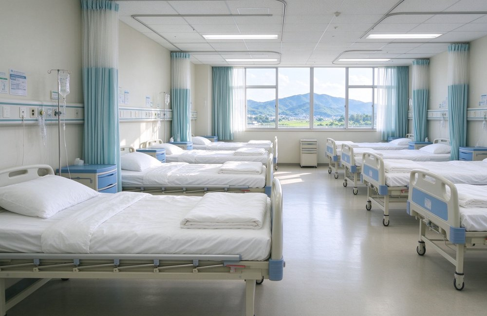 Wide-angle view of a clean hospital ward with rows of beds made up with crisp white institutional bulk bedding wholesale in bright daylight