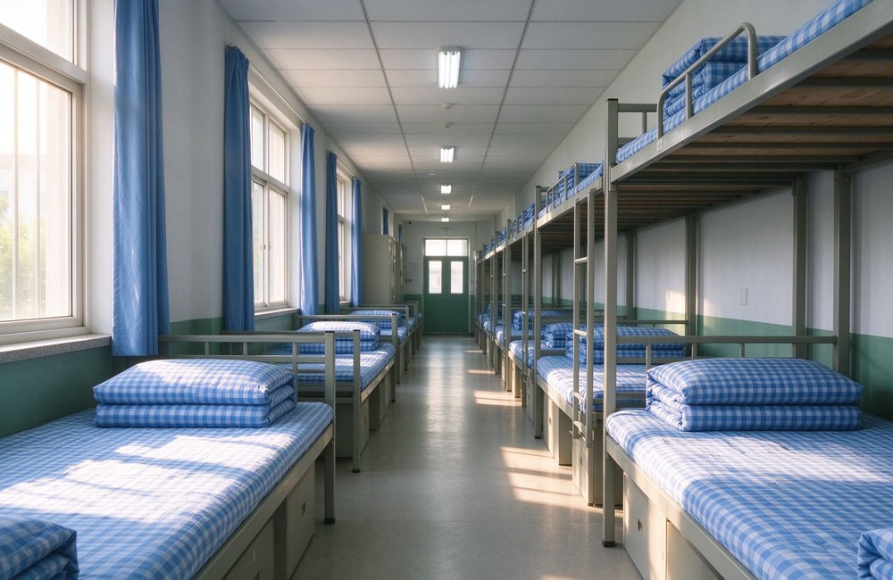 Wide-angle view of a dormitory corridor with blue gingham institutional bulk bedding wholesale on single beds, bright morning light through large windows