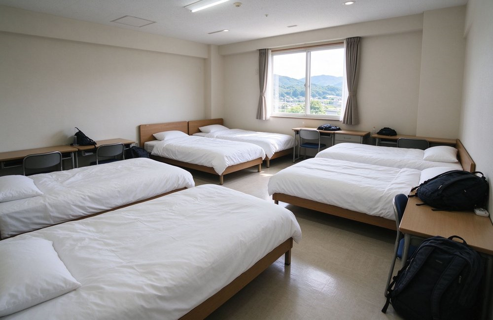 Wide-angle view of a dormitory bed neatly made with white institutional bulk bedding wholesale, pillow and folded blanket at the foot, bright clean room
