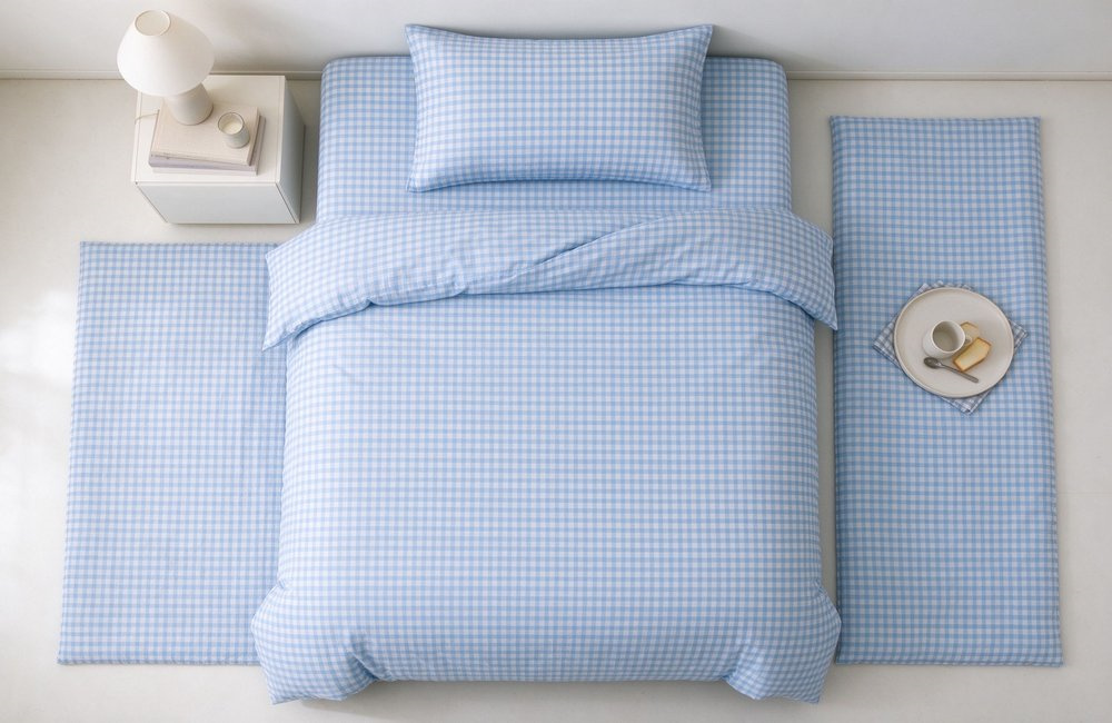 Top-down view of a complete three-piece institutional bulk bedding wholesale set laid flat on a clean surface in soft blue gingham