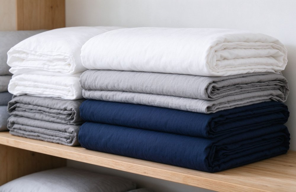 Top-down view of three folded institutional bulk bedding wholesale bundles in light medium and heavy cotton weights with small GSM sample squares, quick line comparis