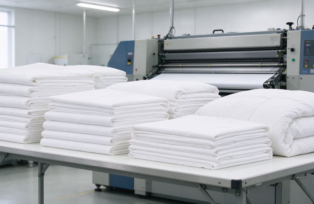 Side view of a commercial laundry folding table piled with folded white institutional bulk bedding wholesale, industrial equipment for high-turnover linen