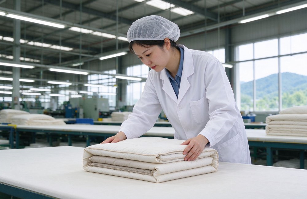 Interior view of a fabric quality inspection desk where a staff member checks white institutional bulk bedding wholesale under a bright inspection lamp, pre-shipment quality control
