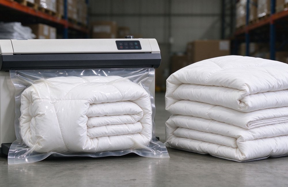 Side view of a vacuum packing machine compressing an institutional bulk bedding wholesale bundle beside a standard folded stack, showing space saving for reserve stock