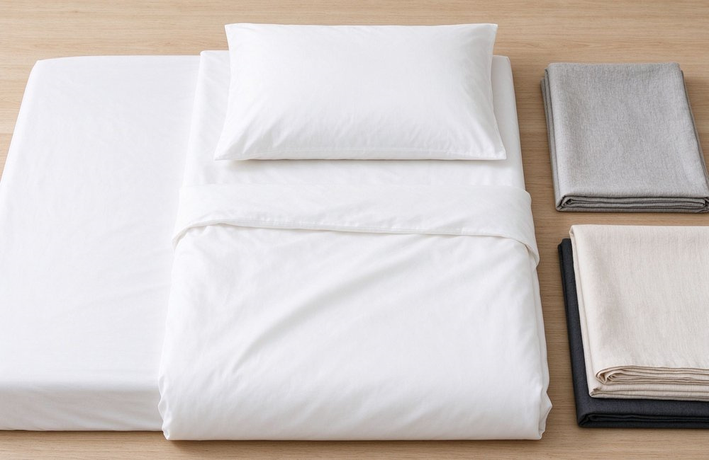 Top-down view of one complete white institutional bulk bedding wholesale three-piece set laid on a light wood table with folded swatches, minimal product display