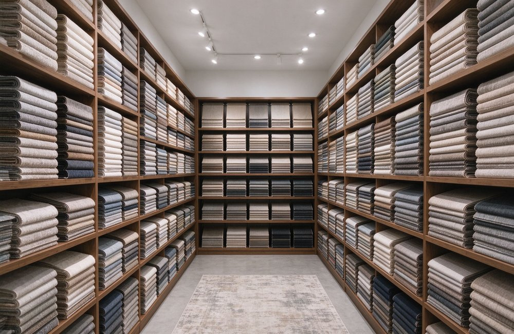 Overhead view of a textile sample room with a fabric swatch wall of cotton colours, buyers comparing institutional bulk bedding wholesale options before ordering
