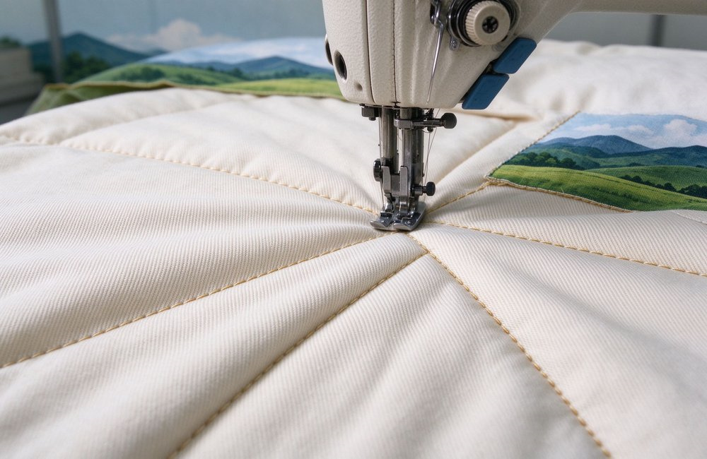 Close-up of dense cotton twill stitching on institutional bulk bedding wholesale sheets, even machine seam rows on white fabric for durable dormitory use