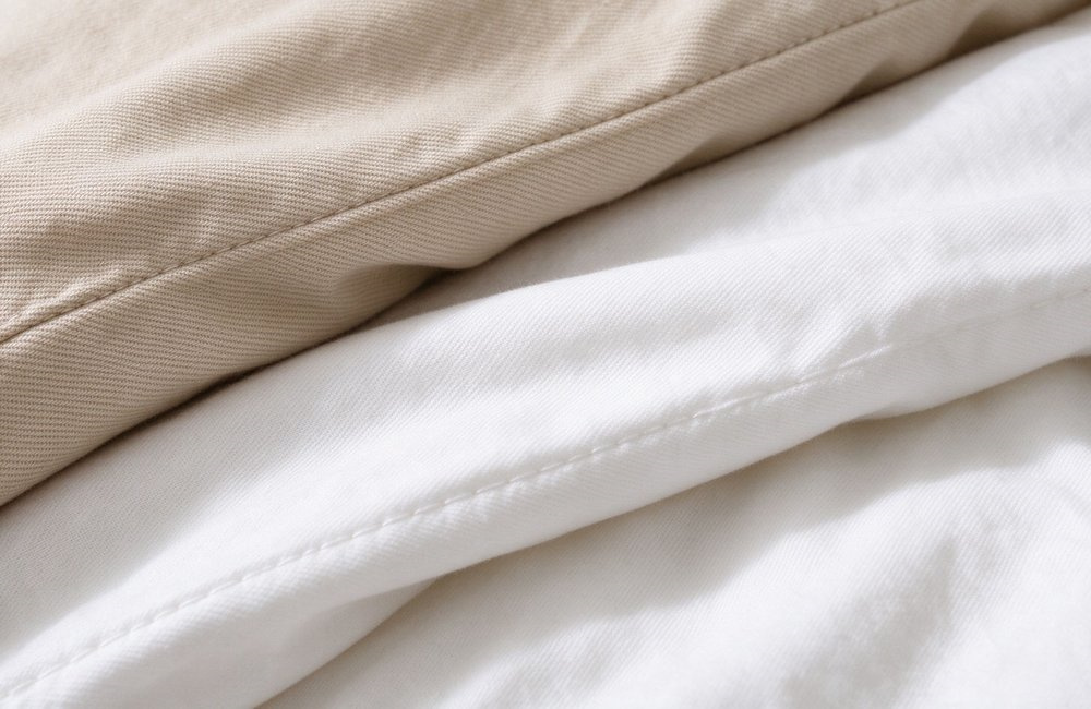 Close-up view of folded beige and white cotton twill fabric showing tight weave and neat stitching on institutional bulk bedding wholesale, GSM durability detail