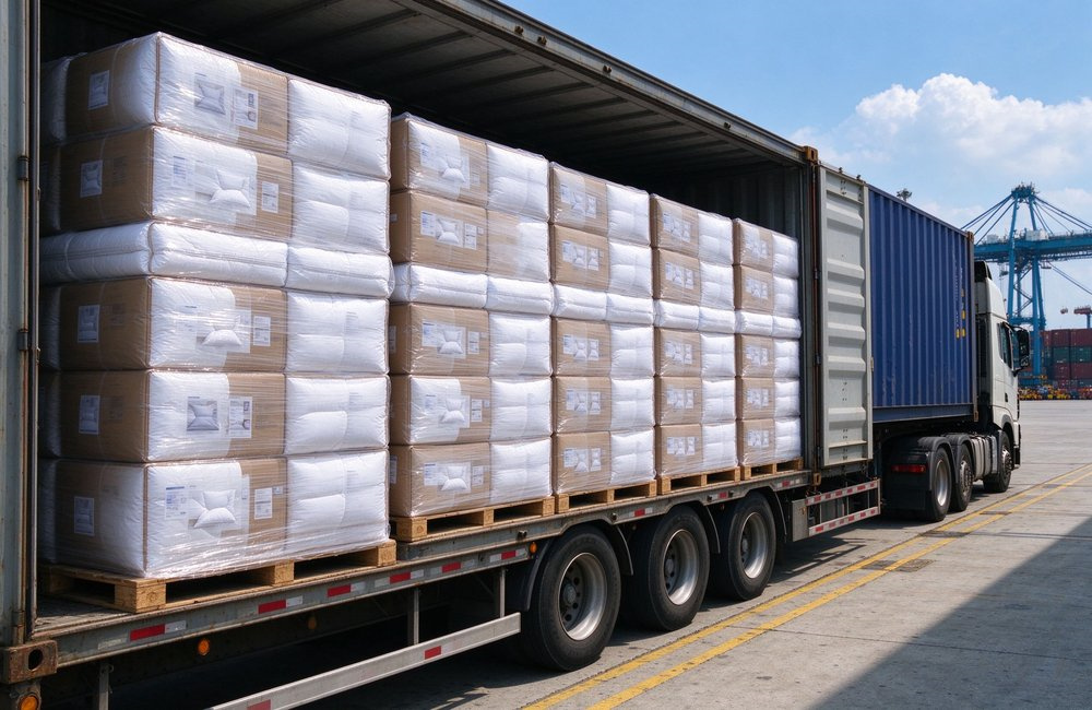 Side view of pallets of cartoned institutional bulk bedding wholesale ready for container loading, shrink-wrapped cartons with folded dormitory linen sets